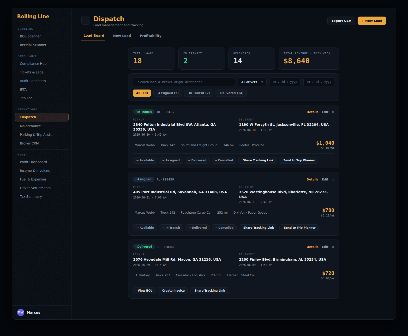Dispatch load list on a phone, showing load statuses and weekly revenue